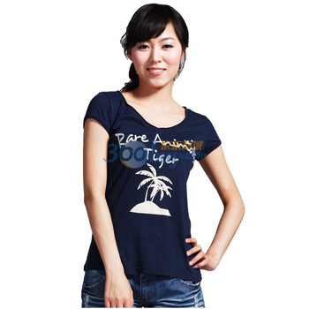 FUFM由你由我女装夏款新品夏威夷之岛椰子树印花女士短袖T恤W11SST099 深蓝色 L