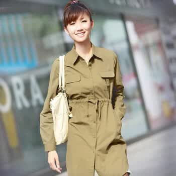 言若 秋冬雕花收腰工装韩版中长款风衣女装 LC100754 深卡其色 M