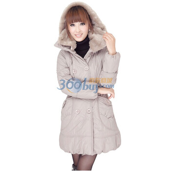 玛丽琨龙 2012冬装新款松紧腰加厚带帽中长款棉袄棉衣女 灰色 XL
