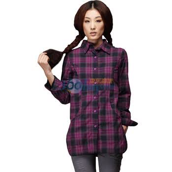 茵曼 INMAN 2011冬装新款格子分割中长款加厚夹棉衬衣 B10171 红色 XXL