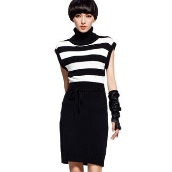 七格格othermix 黑白条纹纯棉毛衣 高领修身套头毛衣裙 12M30007 条纹 XL