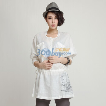 伊思君凯ESBACK 麻料印花中长衬衫ES1003SCZ082 白色 M
