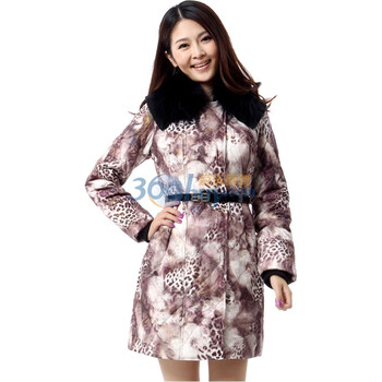 雅鹿 蓝冰女貉子毛领豹纹中长款羽绒服可拆毛领 ^@^BA67120 彩咖 XXL