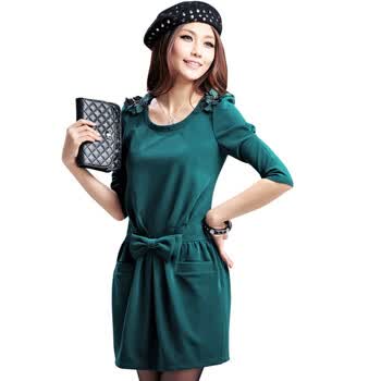 Asinrar 阿西娜女装春新款钉珠肩花蝴蝶结中袖连衣裙AQ1271 墨绿色 L