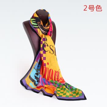 宝石蝶品牌真丝春夏长款丝巾纱巾新款几何撞色时尚/时尚都市 黄色