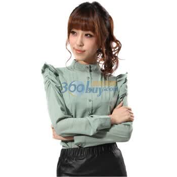 RosasMode女装修身纯色竖条褶皱长袖雪纺女衬衫R1211201 绿色 L