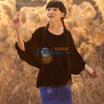 裂帛 新款 女 花边领 蝙蝠袖 七分袖衬衫 丝菀琉连21120072 黑色 均码