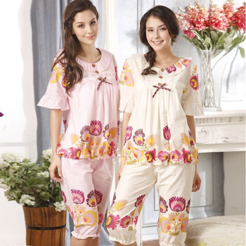 芬腾 Fengteng 家居服 2012春夏新款睡衣女士短袖梭织纯棉套装 M6761 米黄 女款XL(170/92A)