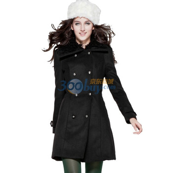 Justyle秋冬新品女式时尚双排扣大毛领呢子大衣JTL47113224 黑色 XL