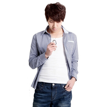 韩都衣舍 韩国2012新春新款男衬衫时尚格子衬衫OE1017 蓝色 XL