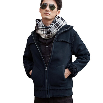 诠渡良品trenduality 秋装保暖羊羔绒男士开衫连帽夹克#TD203 藏青色 XL
