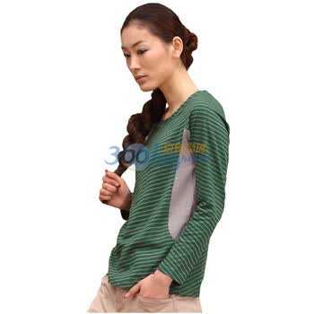 茵曼INMAN2012春装中长款圆领条纹T恤女长袖 921021407 绿灰条 L