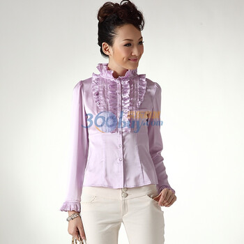 南梦蔻2011春夏装新品淑女款长袖衬衣荷叶褶皱雪纺衫[C0A1A020] 浅紫 L