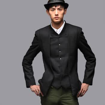 非池中男装 假两件法兰绒休闲西服外套14210043 黑色 XXL