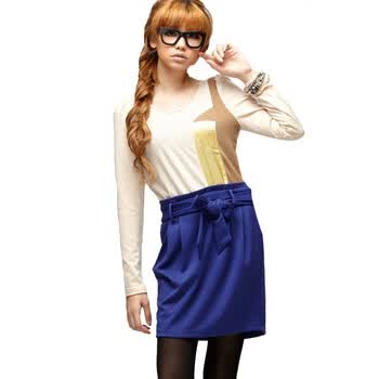 TT.COLOR 秋冬新品女装 优雅知性 撞色拼接 打底连衣裙S84 卡其色 L