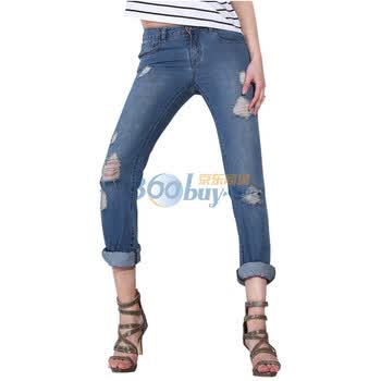 右道UDOT春装新品破洞水洗中腰常规直筒女牛仔裤蓝色U478 中蓝色 30