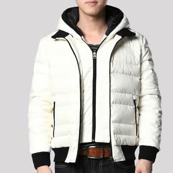 Markless2011冬季新款 可脱卸帽假两件短款拉链男士羽绒服90%白鸭绒YR1101M 米白色方格 XXL