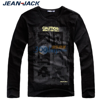 简杰克JEAN JACK新秋装圆领休闲印花长袖T恤男T1039 黑色 XXL