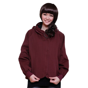 普柔菲2012新款女装立领椭圆底边带帽后背刺绣短款爆版外套夹克F52 酒红色 XL