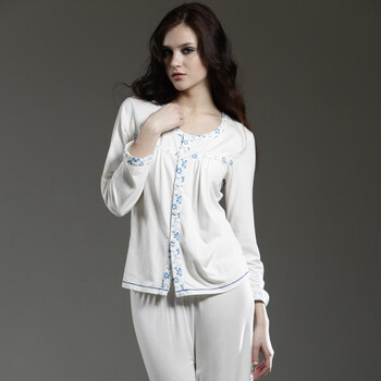 雪竹2012春夏款 中国风 青花长袖女式套装莫代尔家居服Y660610 白色 XXL