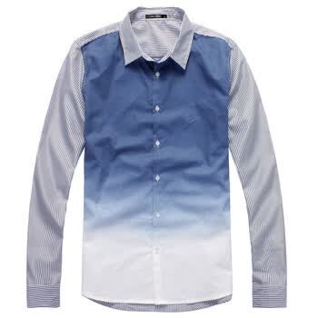 零号男 男装春装新品 条纹拼接吊染长袖衬衫 BGA0124 蓝色 L
