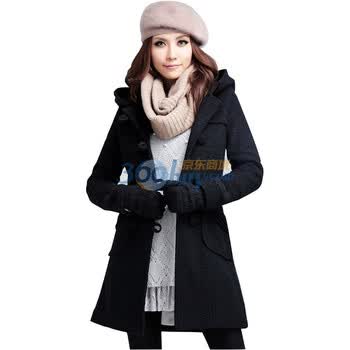 Asinrar 阿西娜女装冬装双排扣连帽加厚毛呢外套大衣AW1198 黑色 L