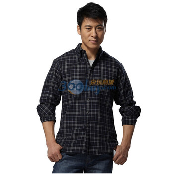 红豆hodo长袖衬衫男士时尚休闲法兰绒全棉格子衬衫ECW11014 蓝色 185/100