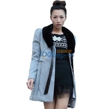 季候风seasonwind獭兔毛领V领泡泡袖羊毛呢大衣外套2763DA206 浅灰GY1 XL/170