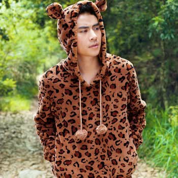 2012秋季新品 歌瑞尔猎豹情侣时尚豹纹珊瑚绒男士家居服睡衣套装 褐色 XXL
