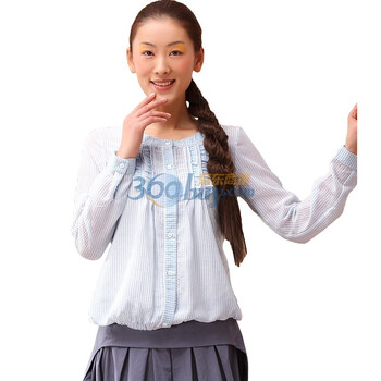 茵曼INMAN2012春装新款圆领条纹淑女长袖衬衫 衬衣 女 821011117 白色 XL