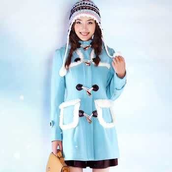 南梦蔻女装2011冬装新款瑞丽学院长袖牛角扣长袖羊毛大衣C0A1G229 蓝色 L