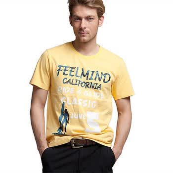【FEEL MIND】男装圆领海滩冲浪短袖印花T恤 12-11512 黄色 XL