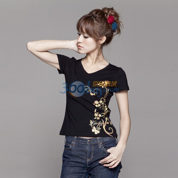 百依秀子 印花女装烫金小花时尚短袖T恤2012-B226 黑色 L