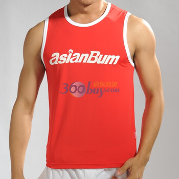 Asianbum春夏新款 时尚印花 爽滑冰丝修身宽肩男士背心 健身运动背心 U5898A 红色 XL