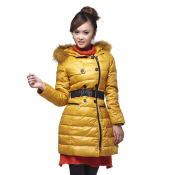 米兰朵 MERUNTO 独特剪裁修身 貉子毛领中长女款羽绒服90%充绒量 降价促销 011202 B105黄色 XL175