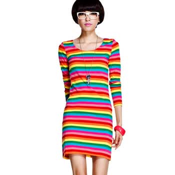 爱の初体验 七格格othermix 甜美条纹彩虹系带长袖连衣裙12B30035 条纹 XL