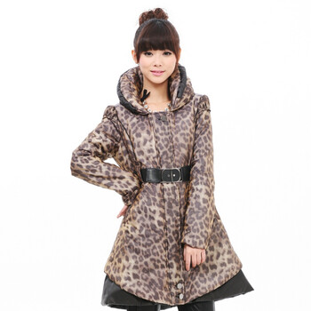 音曲女装 贺新年 冬装新款长款连帽腰带装饰豹纹棉服 ECDSM060 褐色 XL