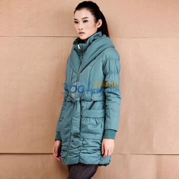 自然逸长款棉衣女装高领韩版带帽棉服修身显瘦配腰带W073 矢车菊蓝 XL