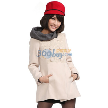 茵佳妮外套女装新品优雅系大毛领蕾丝双排扣修身毛呢外套5114-1420203 杏色 L