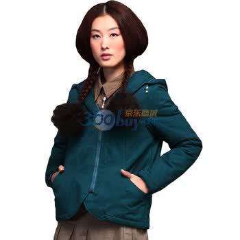 INMAN茵曼2011冬装新款可拆帽特色印花短款棉衣 JC20028 绿色 XXL