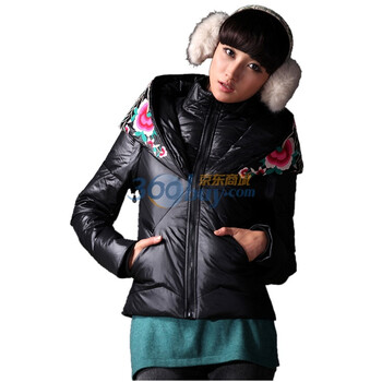 裂帛 冬装新款 仿古绣花 短款 羽绒服 15180006 黑色 XL