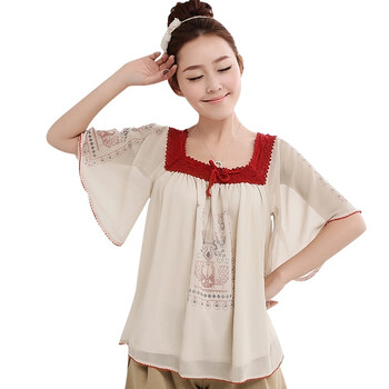 韩都衣舍 韩国2012夏季新品春装女喇叭袖雪纺衫MS2031 杏色 M