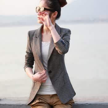 十衣素 女款 2012 新款春装 韩版 修身 格子 长袖 小西装 L6052 褐色 XXL