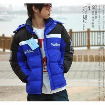 意而义2012男装新款韩版加厚御寒保暖连帽羽绒服y03 蓝色 XXL