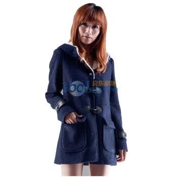 Justyle秋冬新款时尚女式牛角扣大兜帽呢子大衣JTL47113230 蓝色 XL
