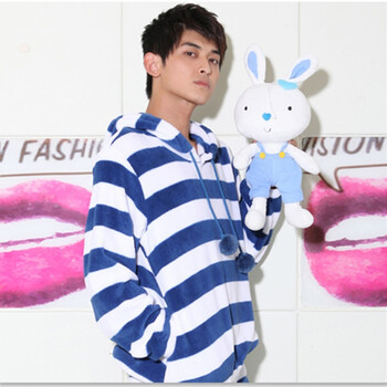 Gainreel歌瑞尔 家居服甜蜜解构加厚珊瑚绒条纹可爱家居服套装 蓝色 XXL