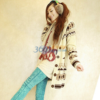 Anna Su2011秋冬装 女装 棒针毛线外套开衫 韩版中长款加厚毛衣外套 M029米色均码