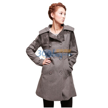 久拉拉JIULALA 2011冬装新款 女 双排扣 带帽 羊毛 呢大衣 外套 J104N181 浅灰色 XL