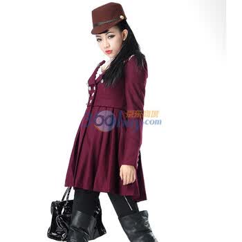 Bessie 2011秋装新款女装 帅气军旅风双排扣毛呢长大衣ALT040 酒红色 L