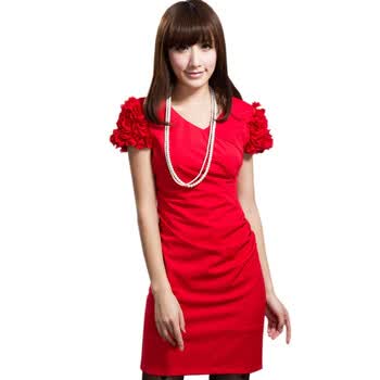妮蕾迪 2012女新款春装韩版气质黑红色花朵连衣裙长袖2203 红色 M